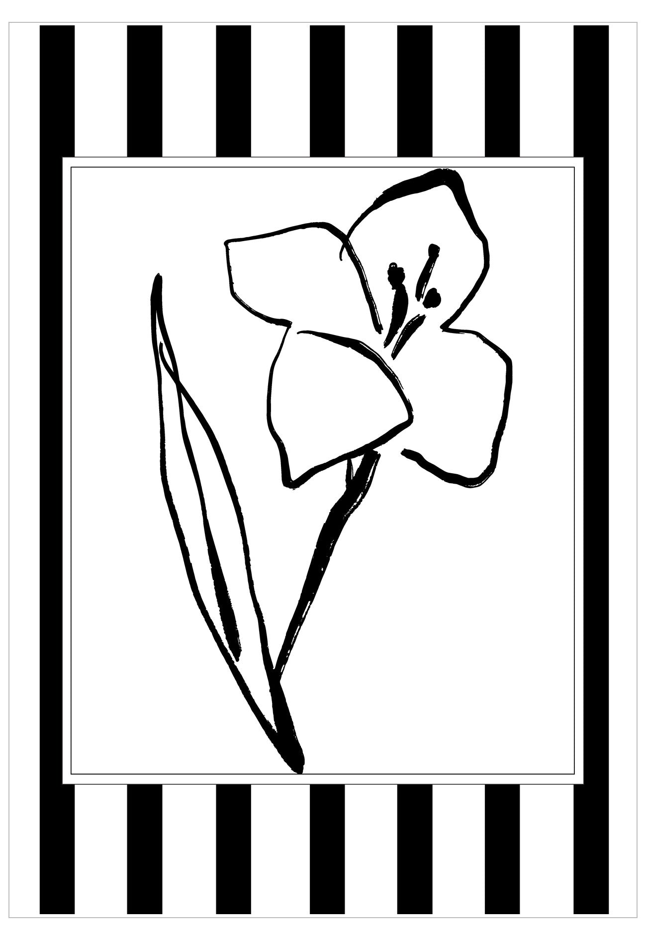 Black and white flower illustration on a black and white striped background
