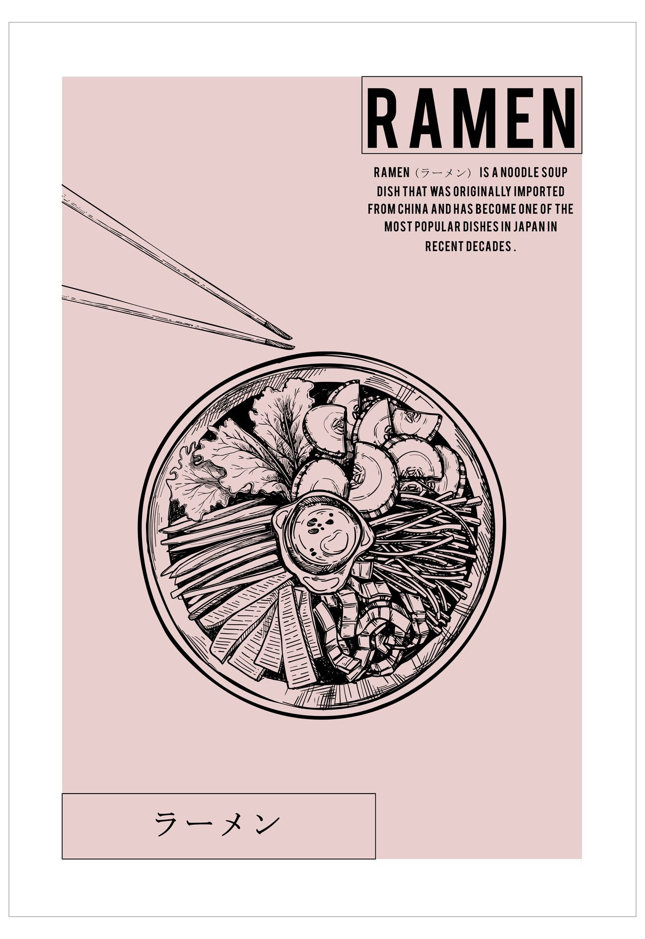 Poster of ramen with chopsticks on a pink background