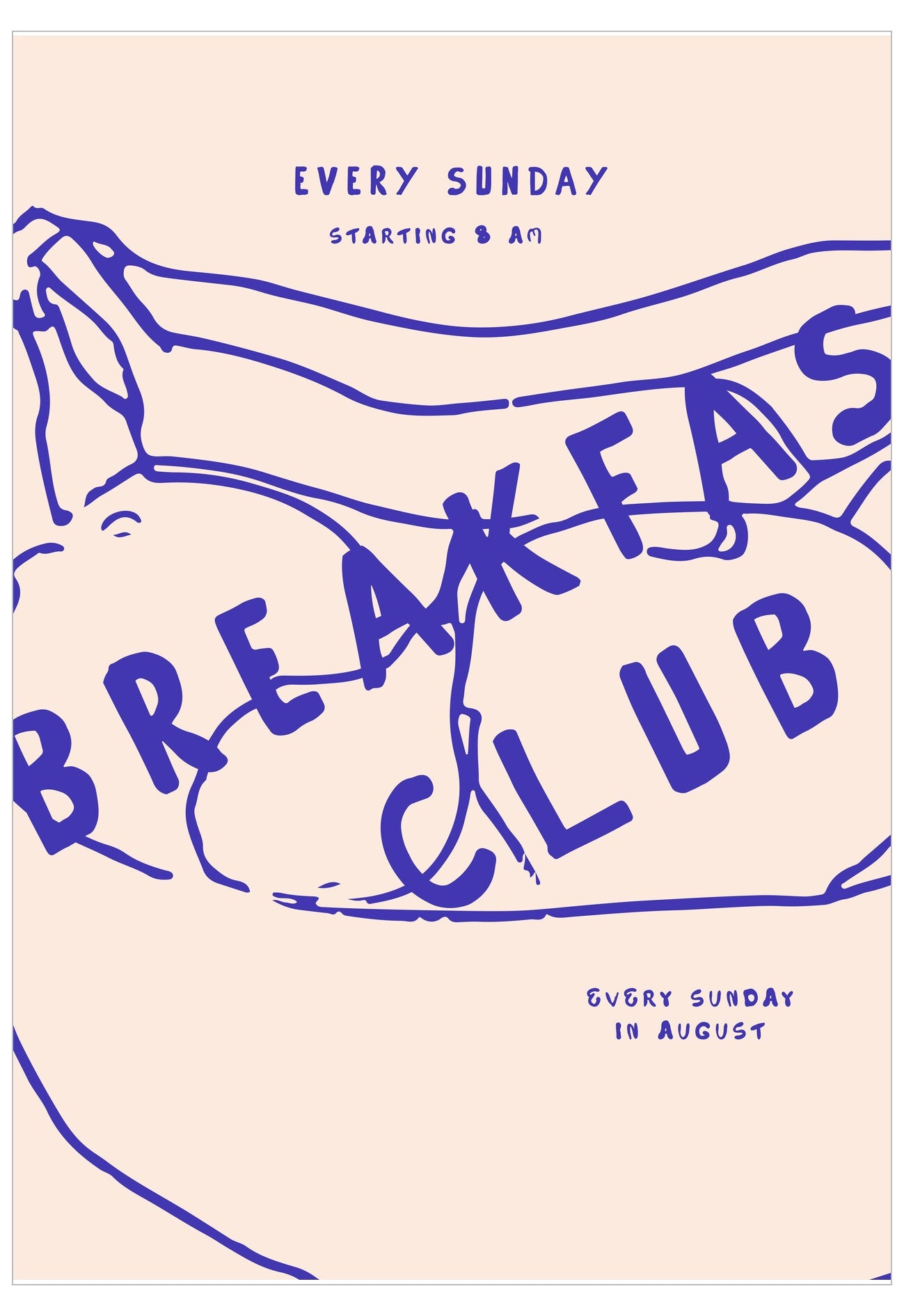 Promotional poster for a 'Breakfast Club' event on a beige background with blue text and design elements.