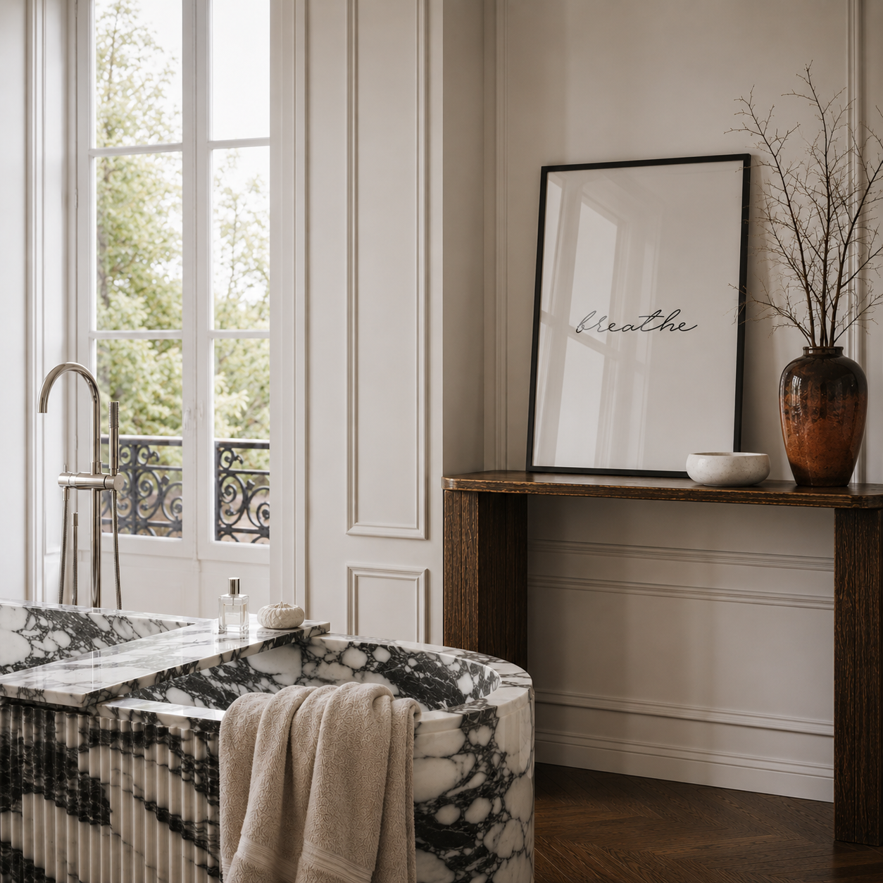 Modern bathroom interior with bathtub, towel, and wall art.