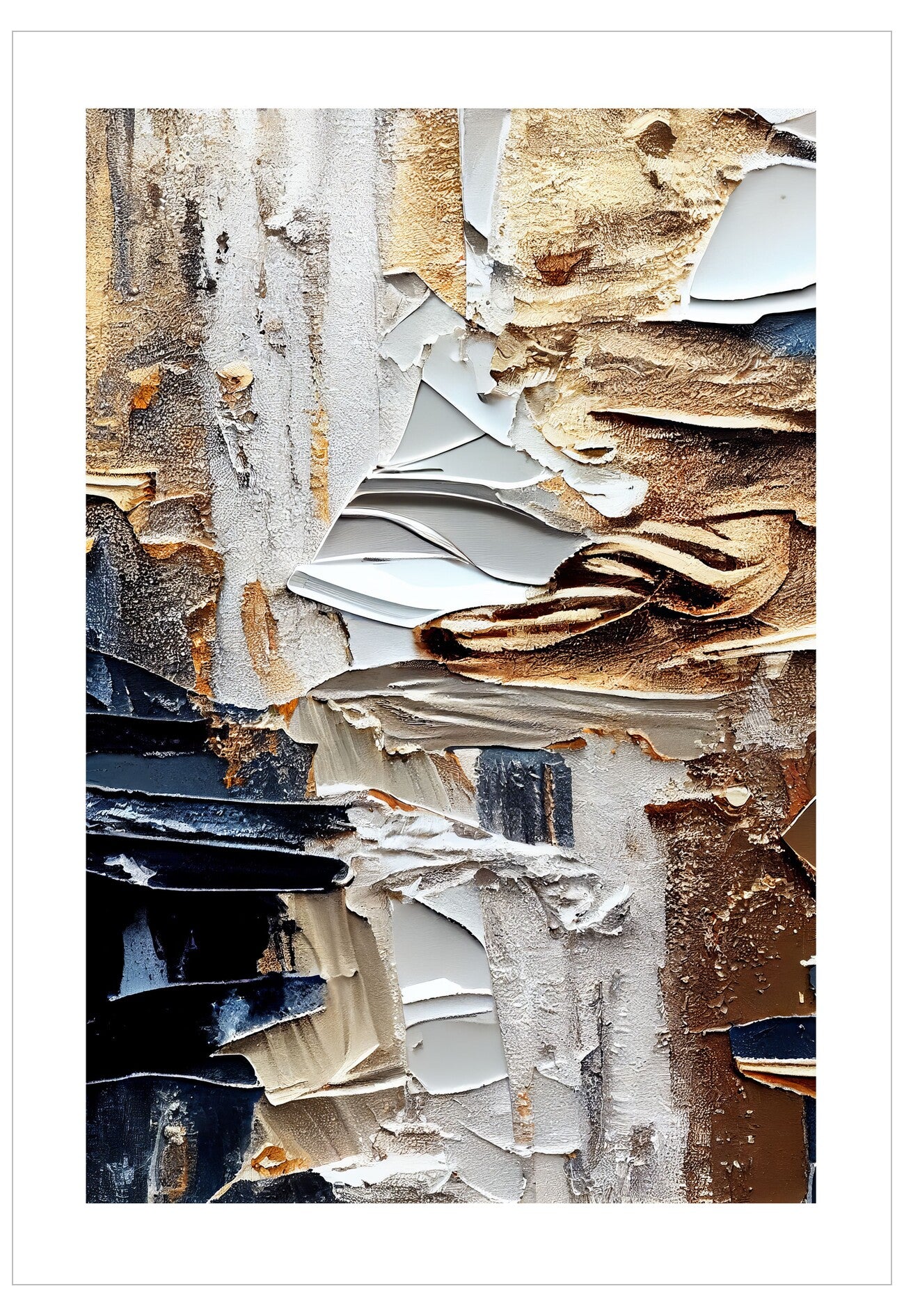 Abstract art piece with a mix of gold, silver, and bronze colors on a white background