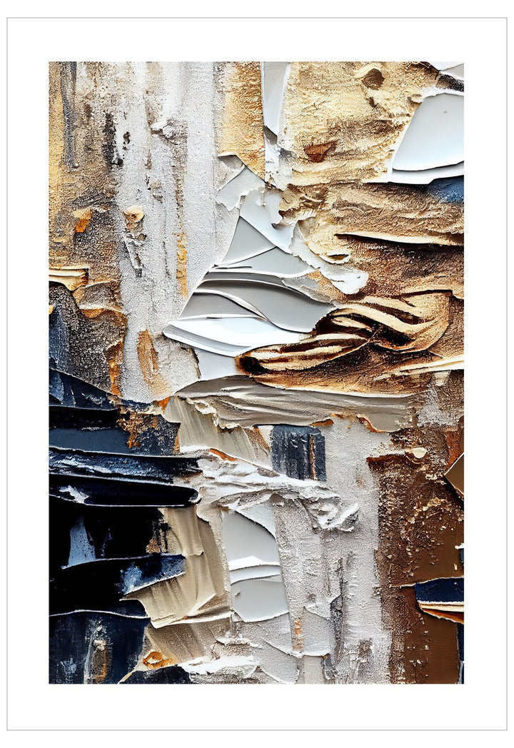 Abstract art piece with a mix of gold, silver, and bronze colors on a white background