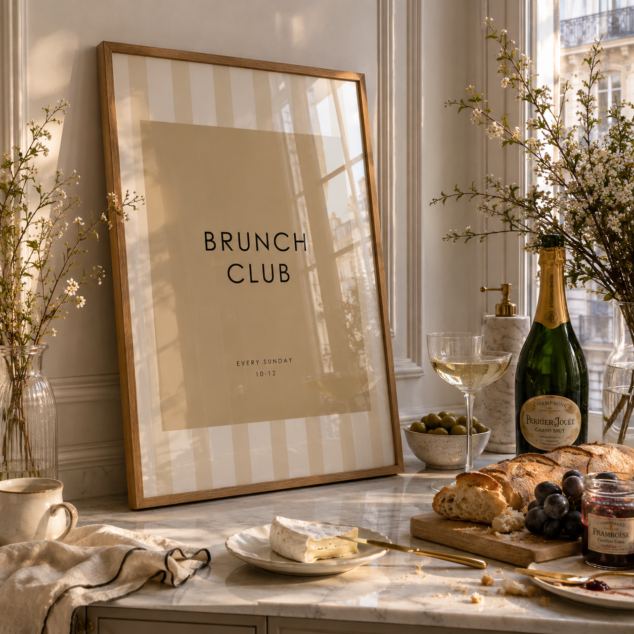 Brunch setup with a 'Brunch Club' poster, champagne, bread, and fruit on a table.