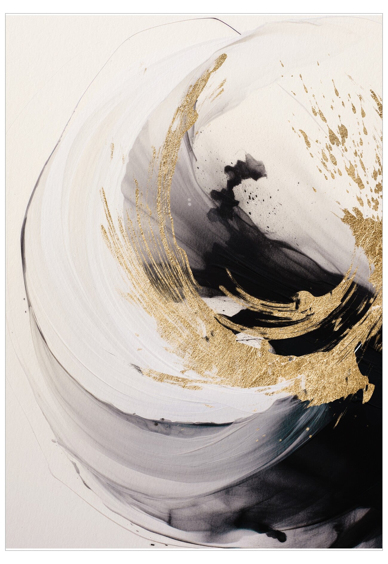 Abstract art piece with gold, black, and white brush strokes on a white background