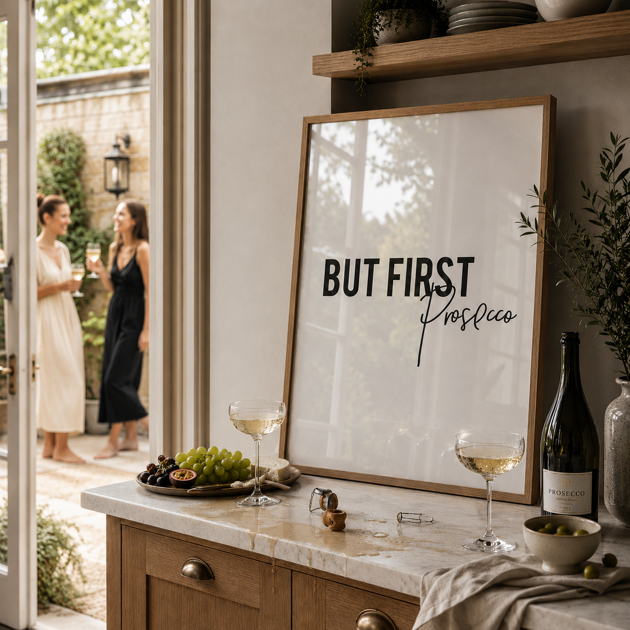 Kitchen counter with a bottle of Prosecco, glasses, and a framed print with text.