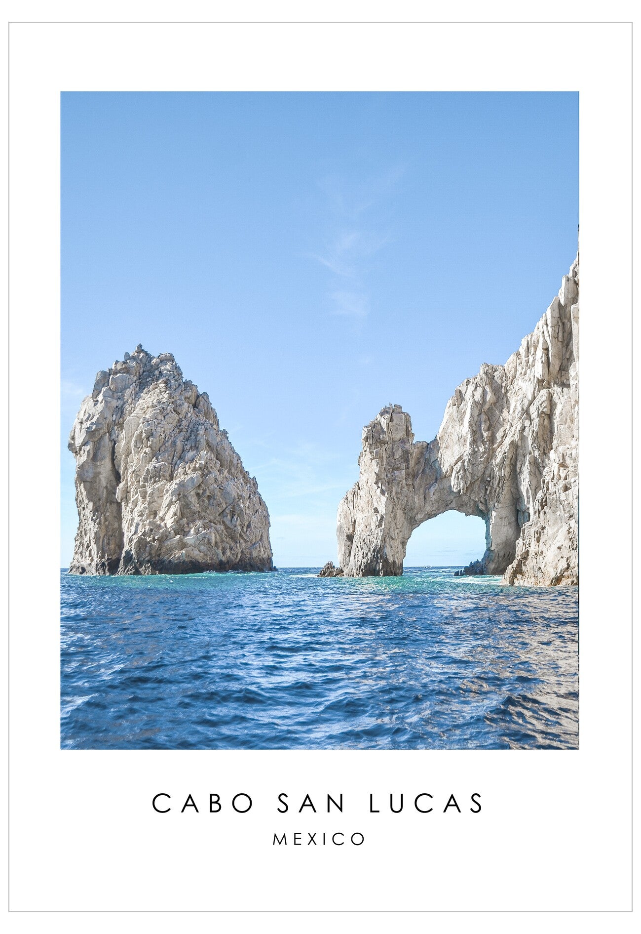 Rock formations in the ocean with 'Cabo San Lucas, Mexico' text at the bottom.