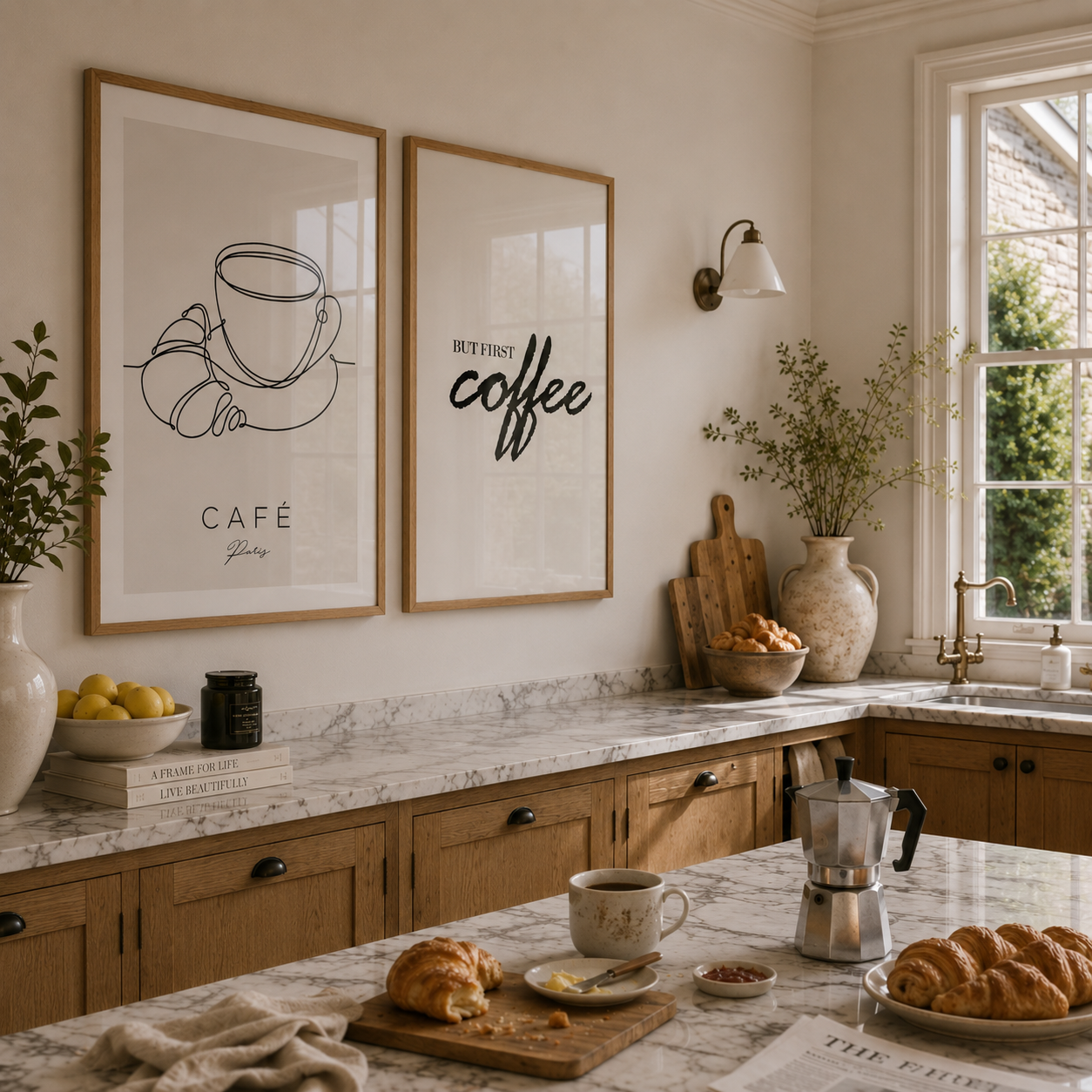 Cozy kitchen with marble countertop, coffee maker, and framed artwork.