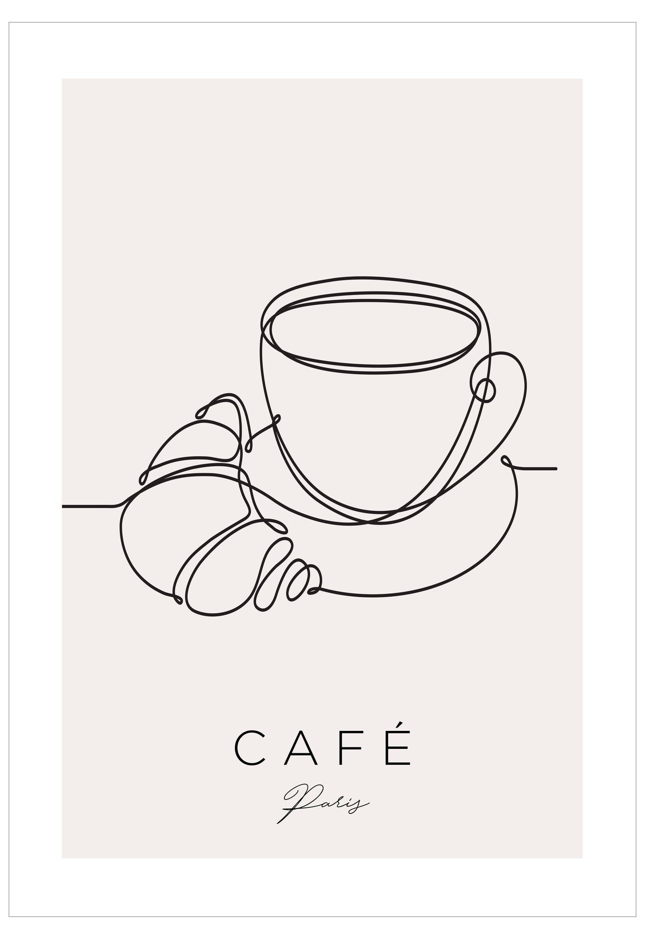 Line art of a coffee cup and saucer with 'CAFé Paris' text on a light background