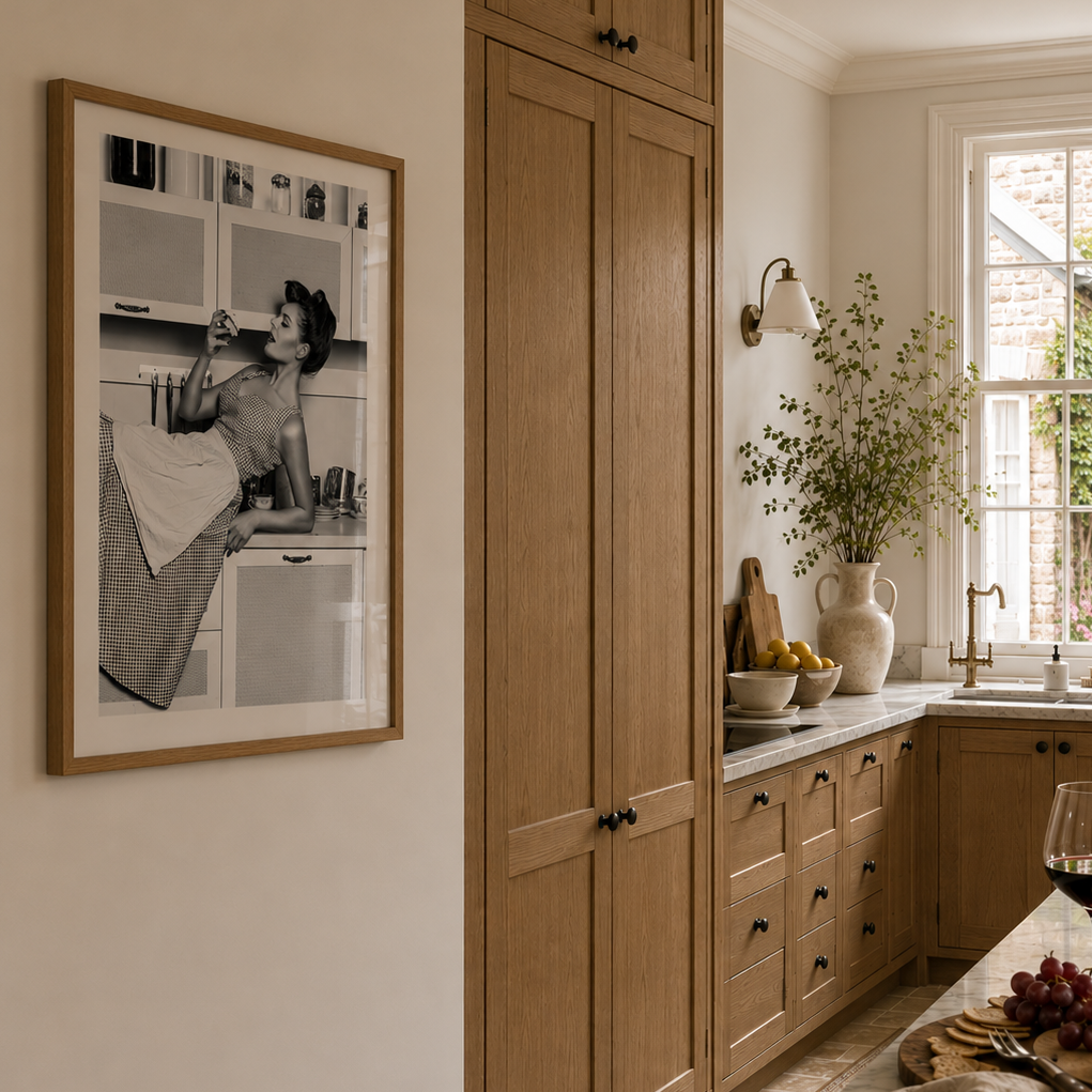 Kitchen with wooden cabinets, a window, and a table with wine and cheese.