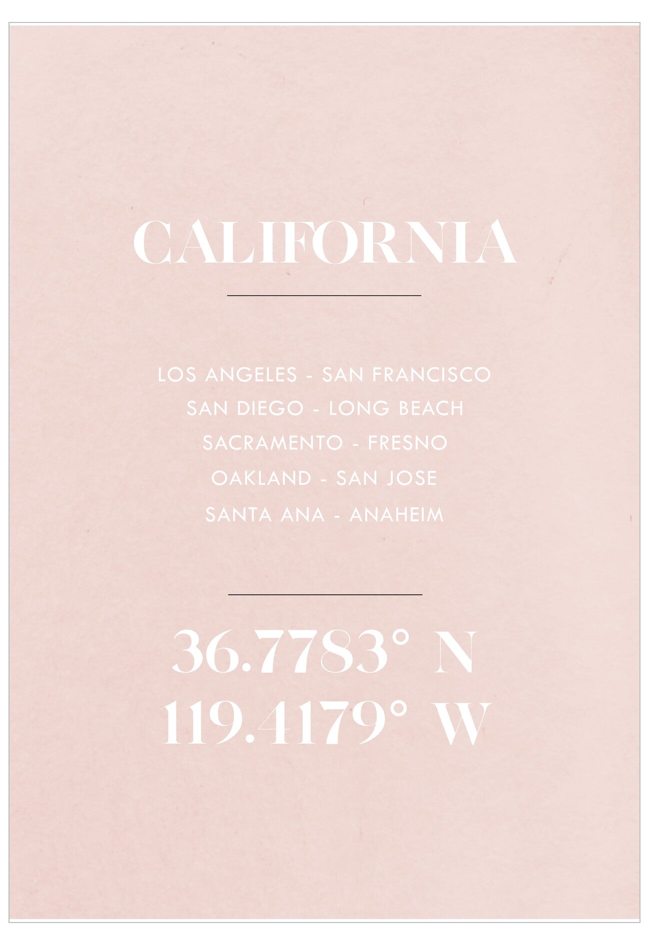 Text on a pink background listing cities and coordinates related to California.