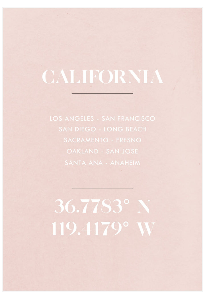 Text on a pink background listing cities and coordinates related to California.