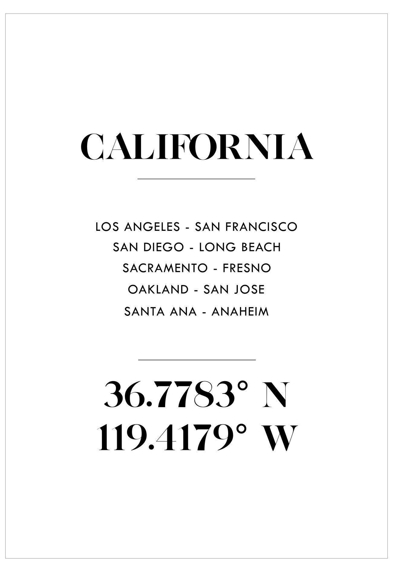 Textual list of California cities and coordinates on a white background