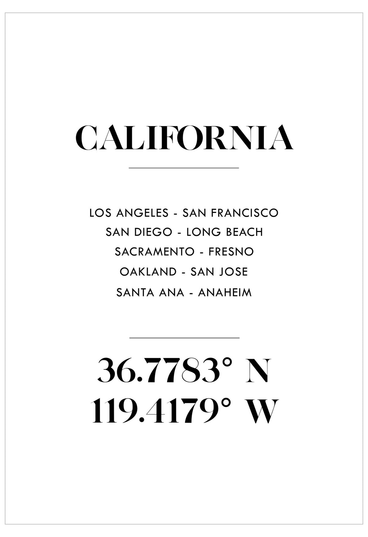 Textual list of California cities and coordinates on a white background