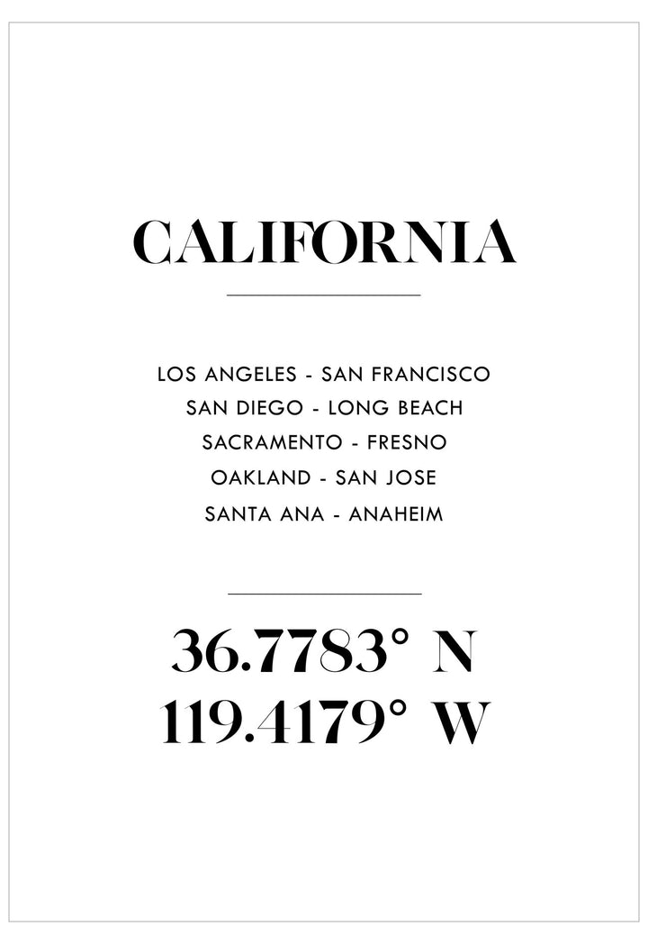 Textual list of California cities and coordinates on a white background