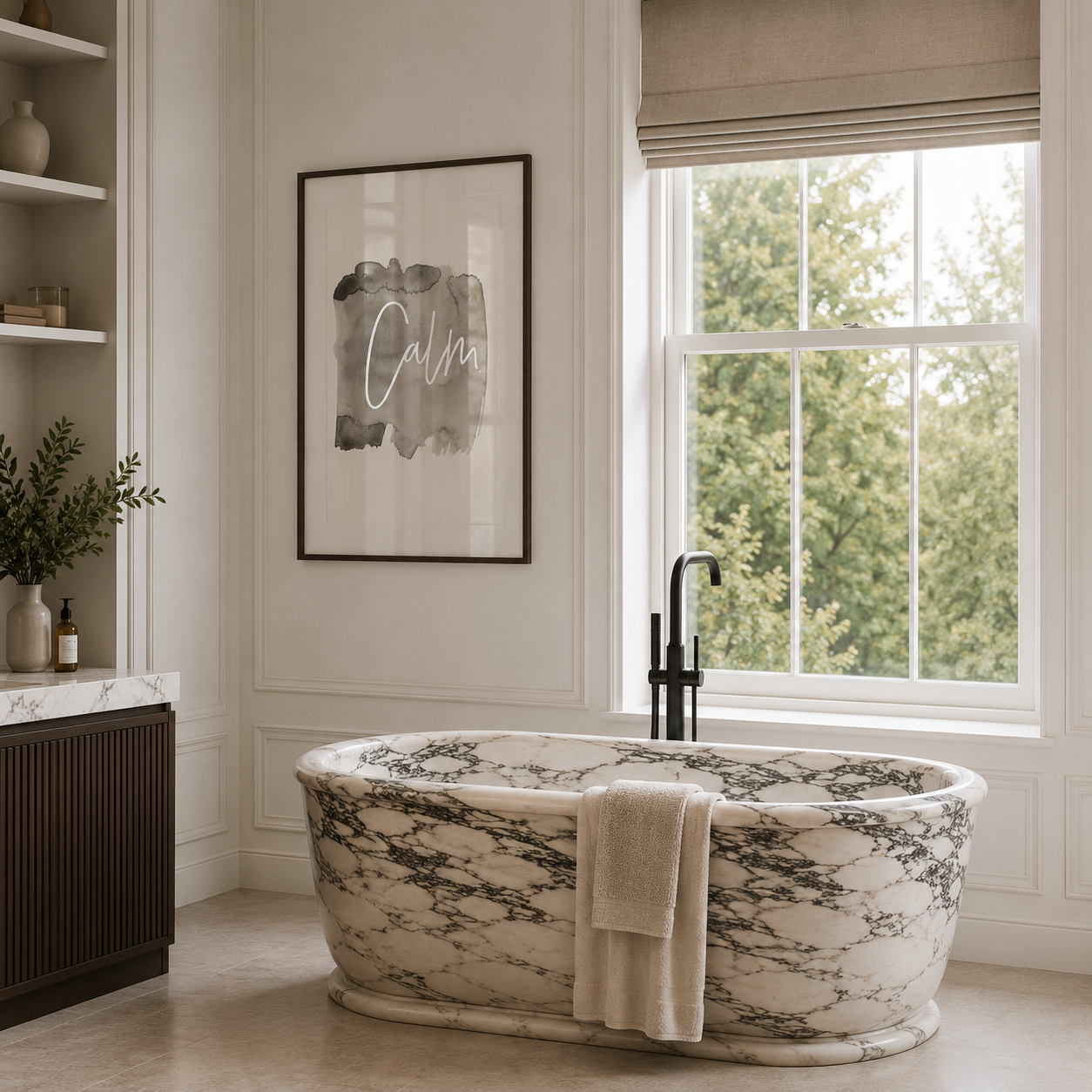Luxury bathroom with stylish typography wall art