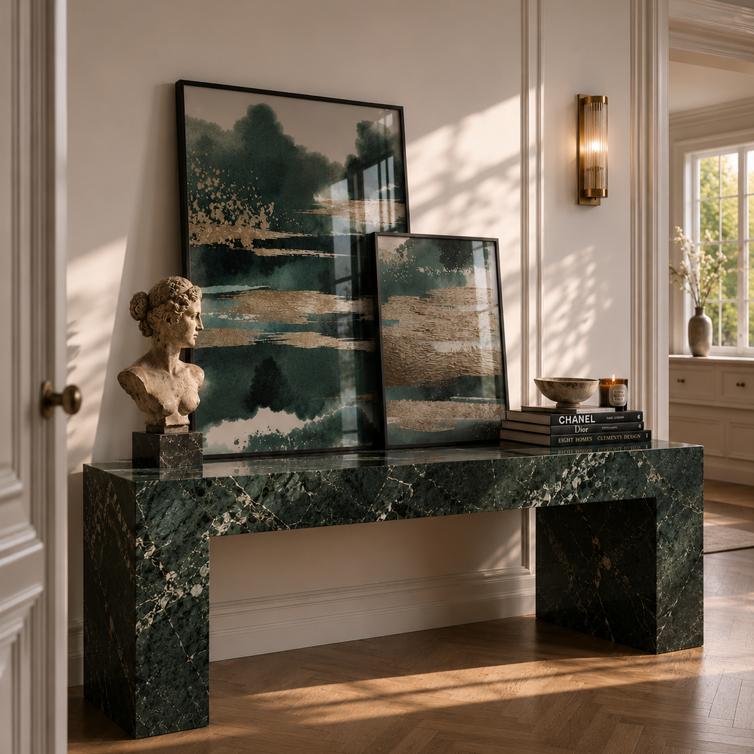 Green marble console table with decorative items in a room with white walls and wooden flooring.