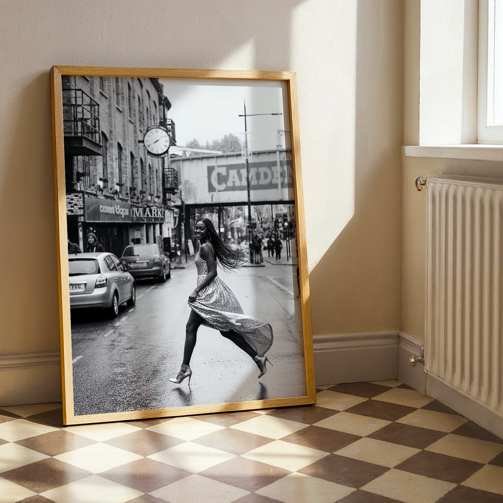 Framed black and white photograph of a woman running on a city street in London