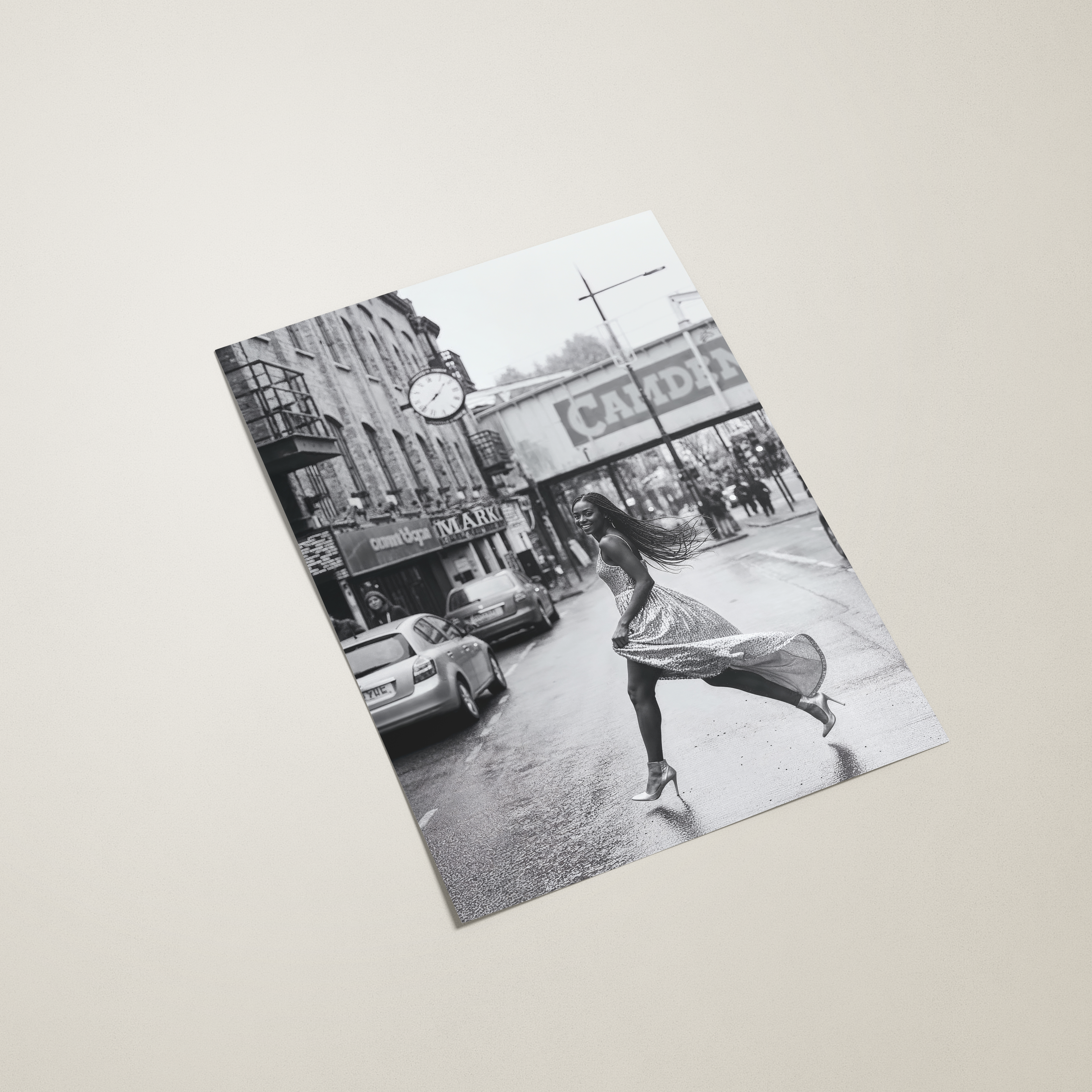 poster with black and white street scene on a beige background