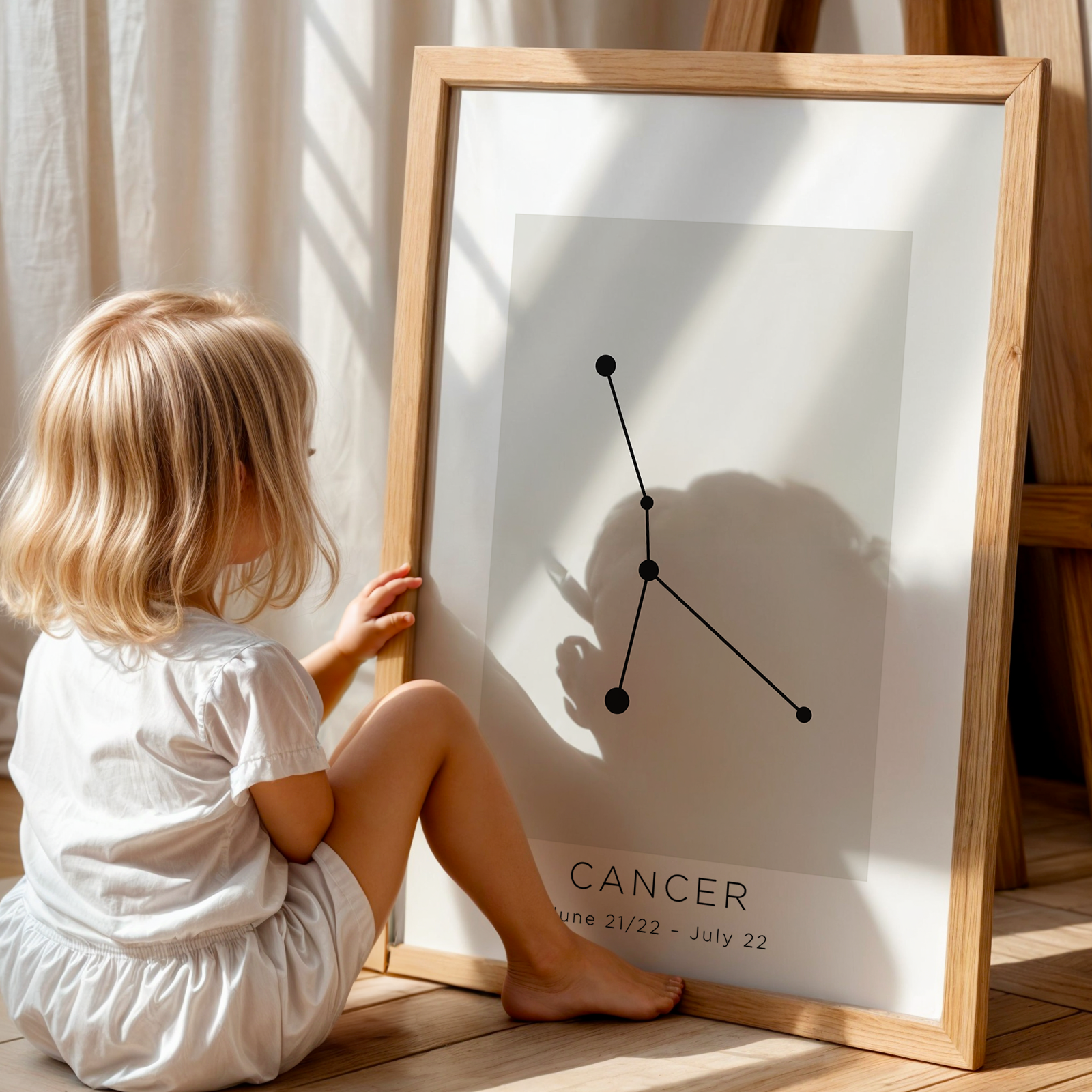 Child sitting on the floor next to a framed astrological cancer zodiac sign poster