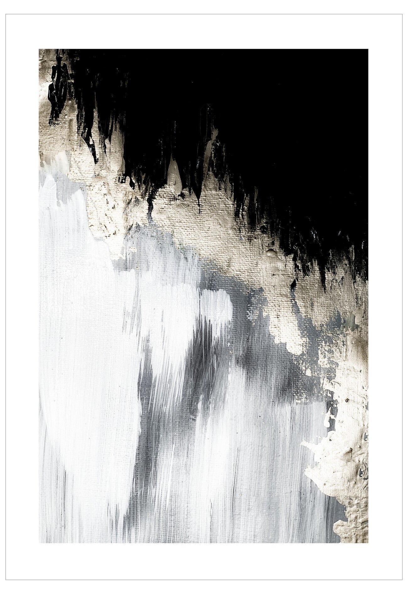Abstract art print with black, white, and gray brush strokes on a white background