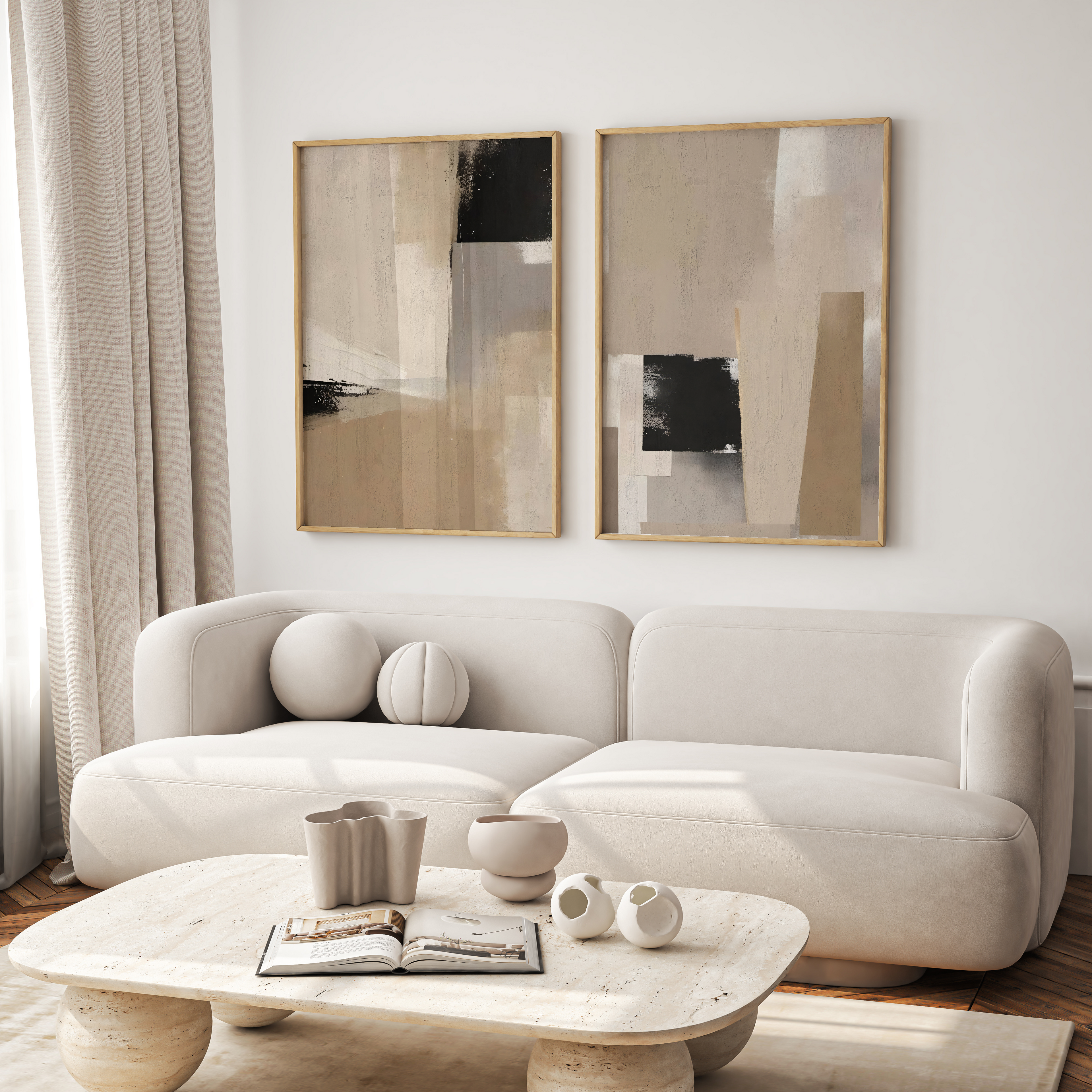 Modern living room with a white sofa, abstract art, and marble coffee table.