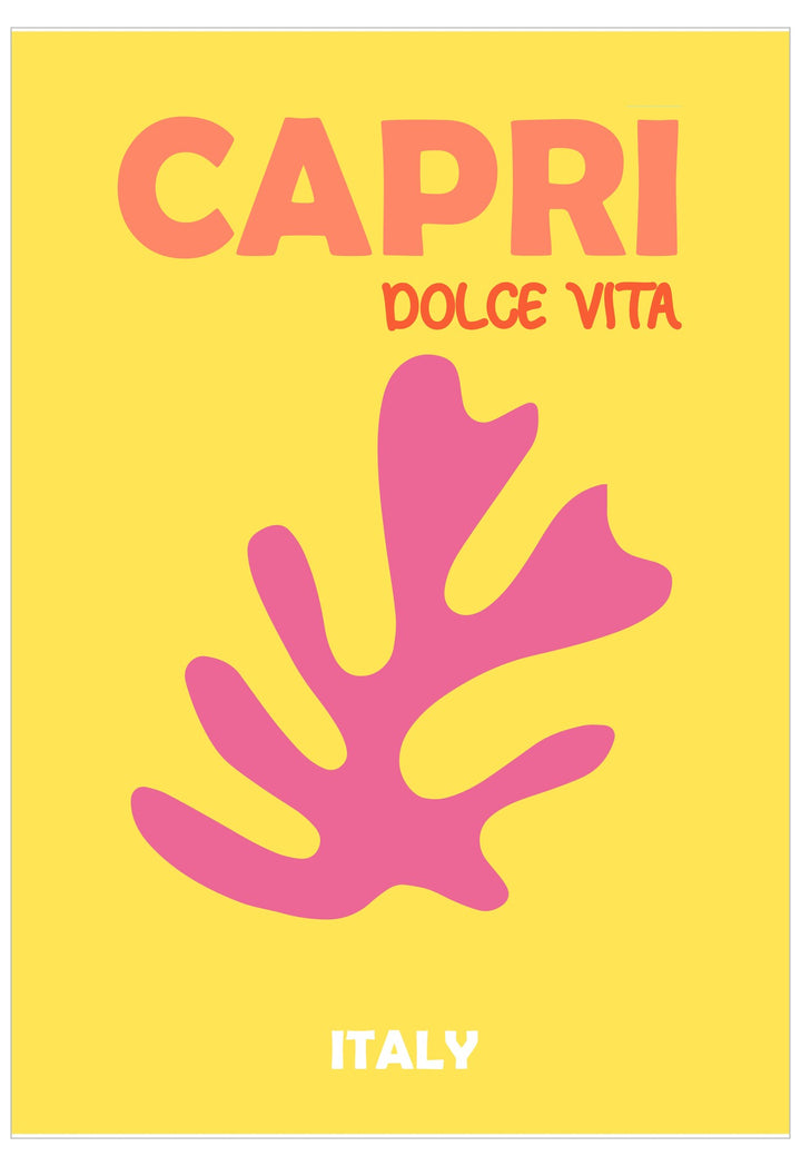 Yellow poster with pink coral design and 'Capri Dolce Vita Italy' text