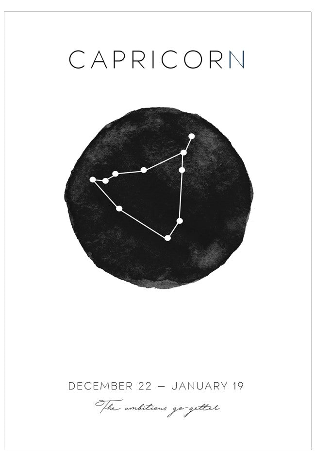 Capricorn zodiac constellation illustration on a black watercolor circle with text.