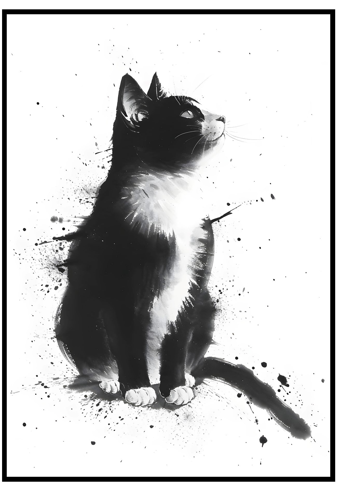 Black and white cat illustration with watercolor texture
