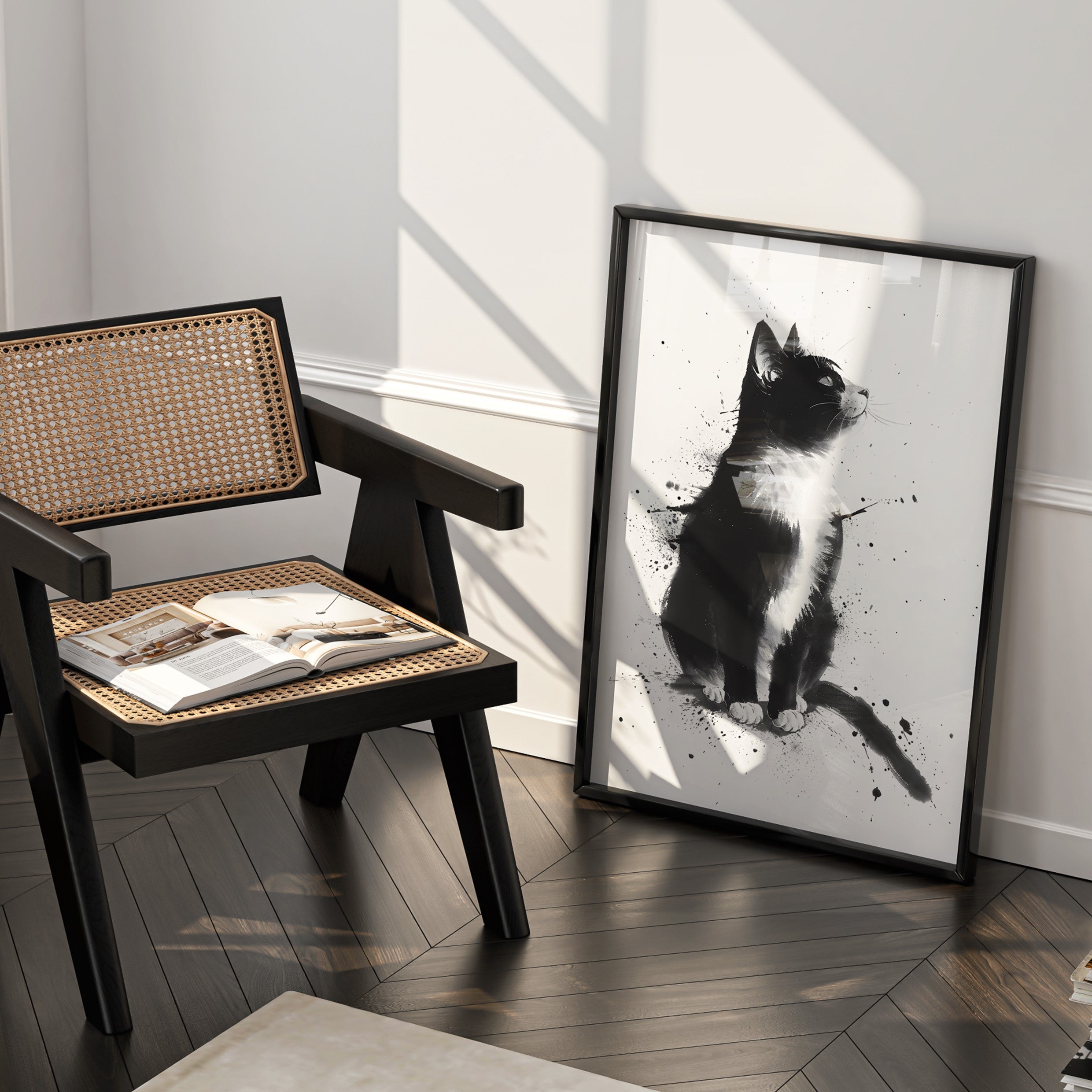 Framed black and white cat art print on a wall next to a wooden chair with a woven seat.