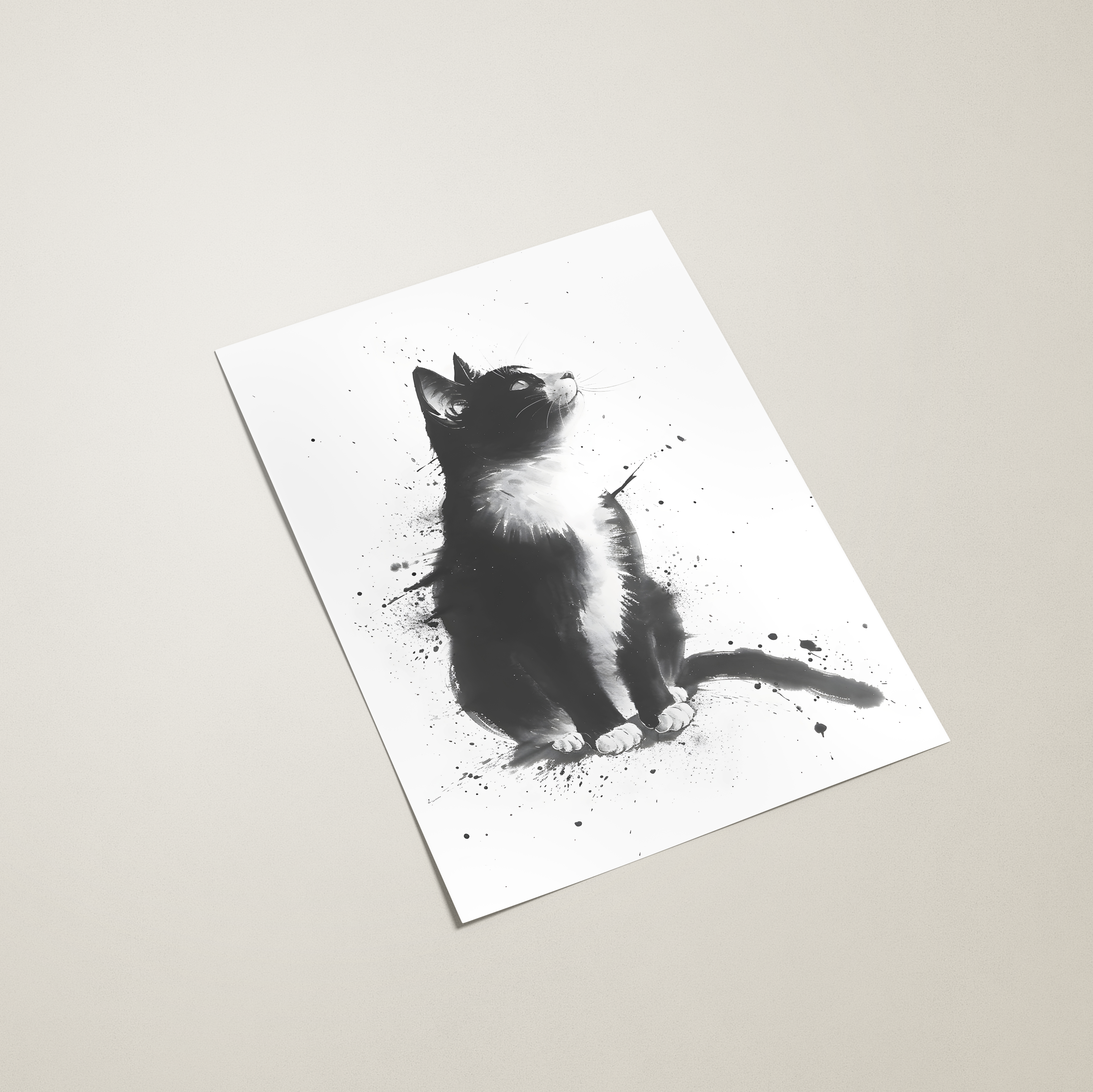 Black and white illustration of a cat on a white card against a beige background
