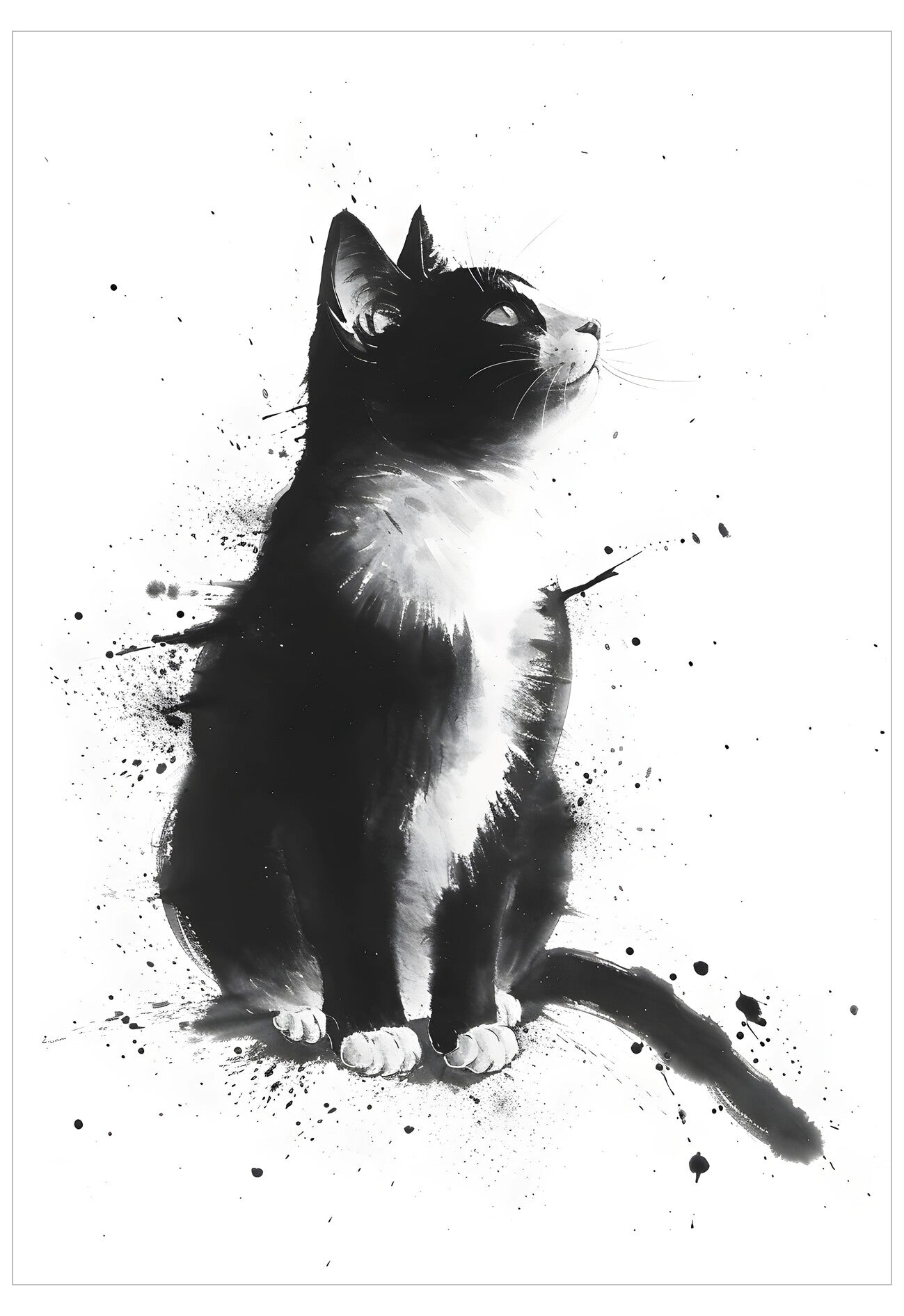 Black and white cat illustration with artistic brush strokes on a white background