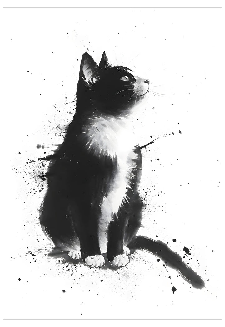 Black and white cat illustration with artistic brush strokes on a white background