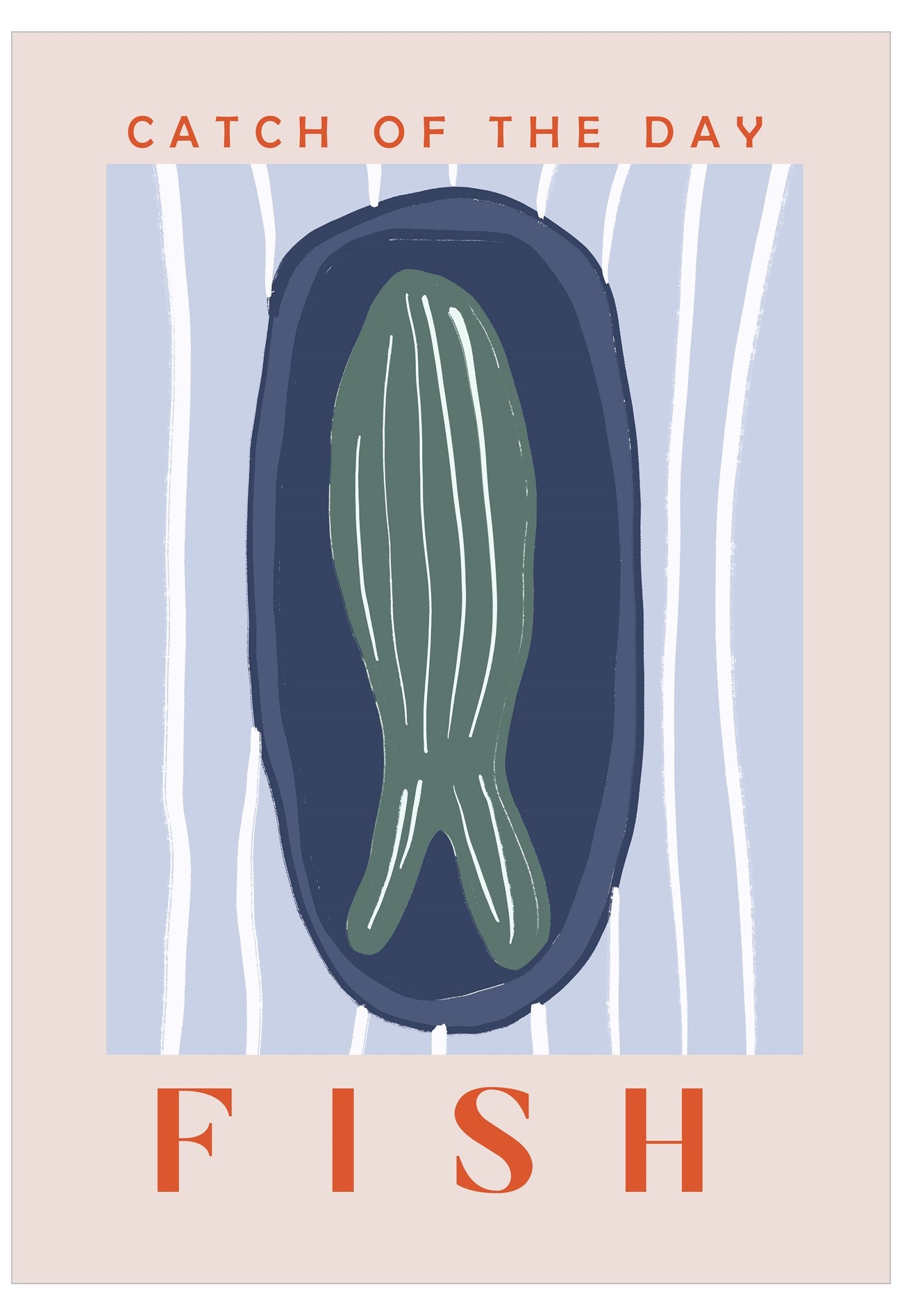 Illustration of a fish in a blue dish with 'Catch of the Day Fish' text on a beige background
