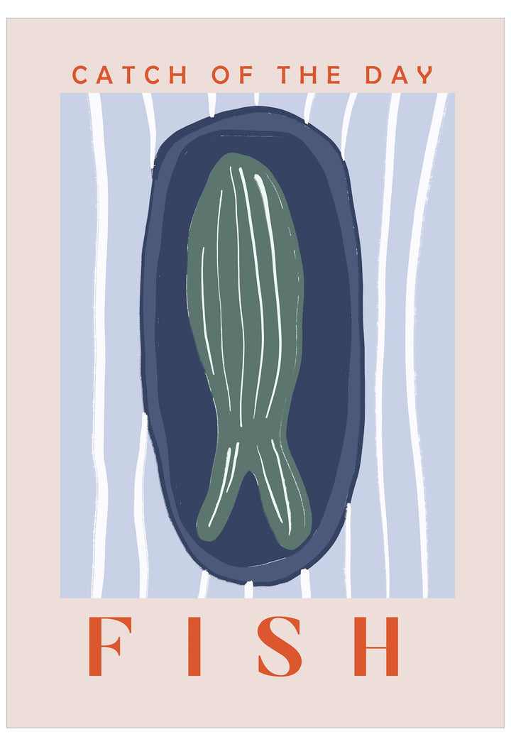 Illustration of a fish in a blue dish with 'Catch of the Day Fish' text on a beige background