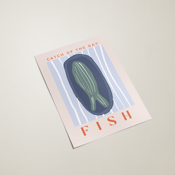 Card with a fish illustration and text on a plain background
