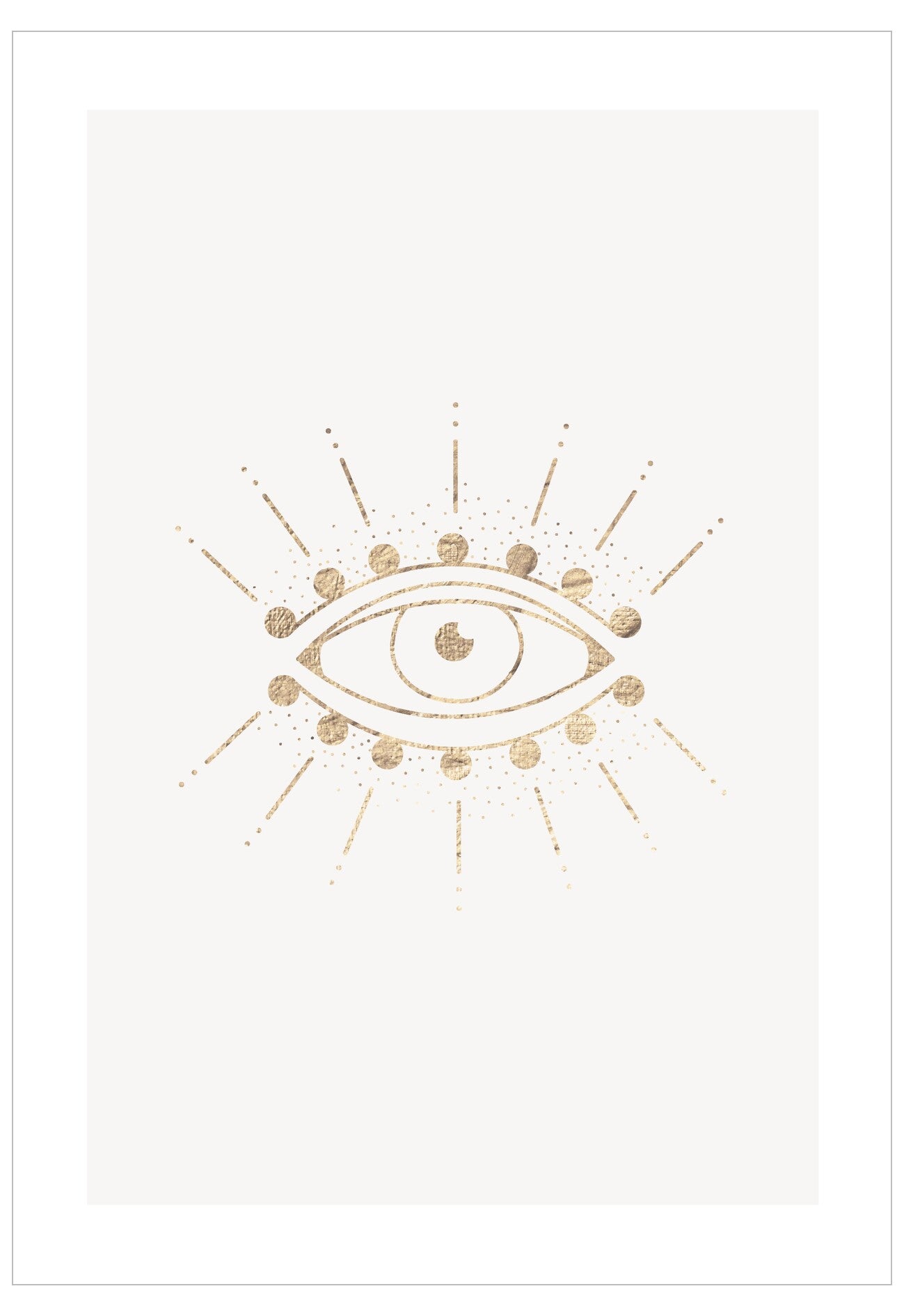 Decorative design with an eye symbol and gold accents on a white background