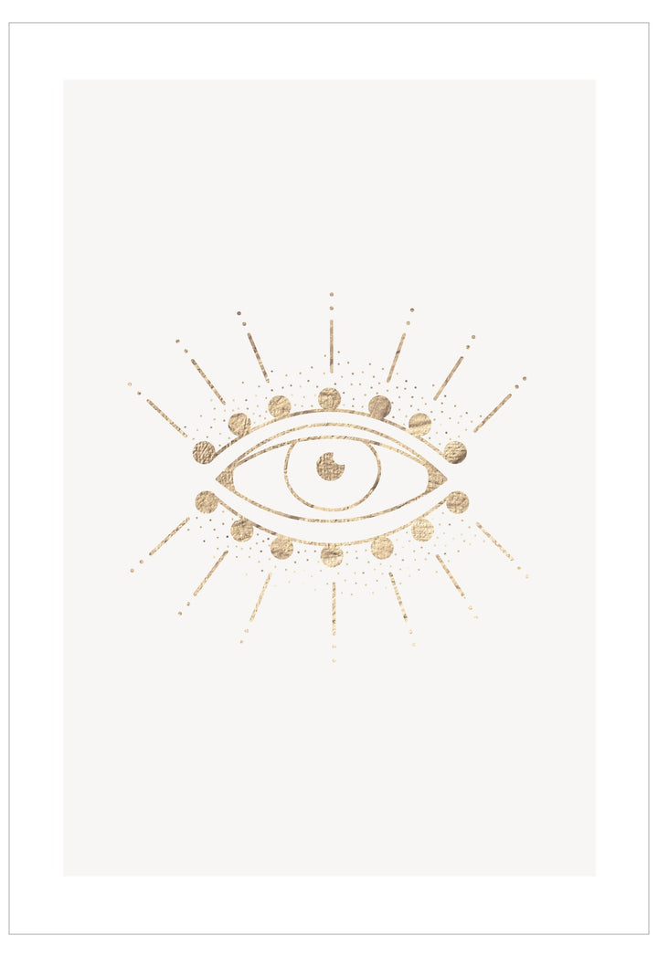Decorative design with an eye symbol and gold accents on a white background