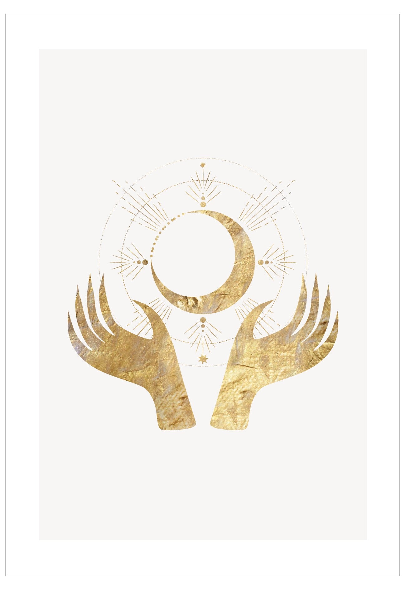 Gold hands holding a moon symbol on a white background