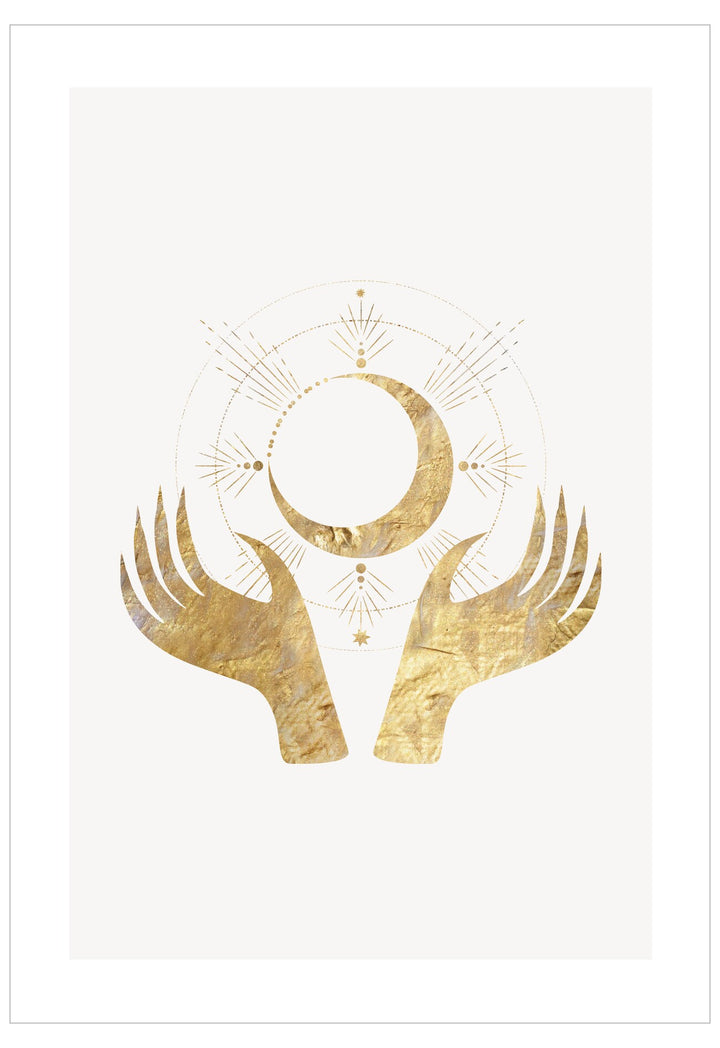 Gold hands holding a moon symbol on a white background