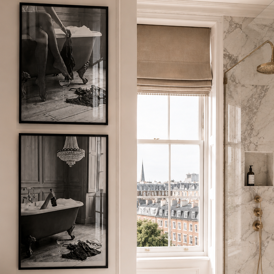 Luxury bathroom with black and white photography art