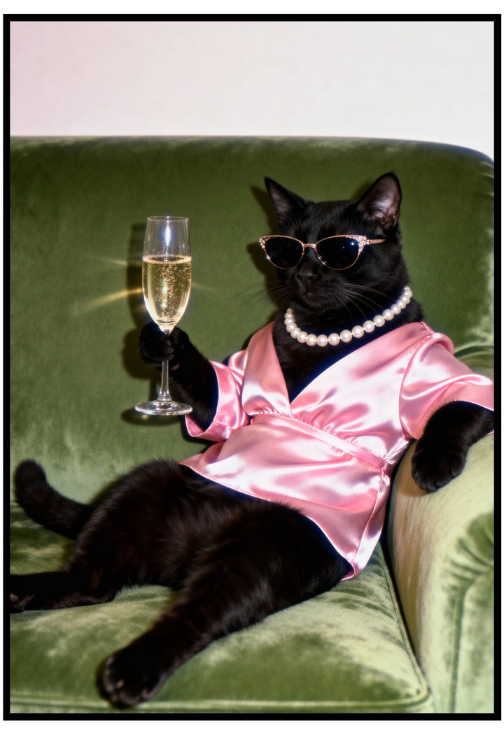 Black cat in a pink dress with sunglasses and a glass of champagne on a green couch.