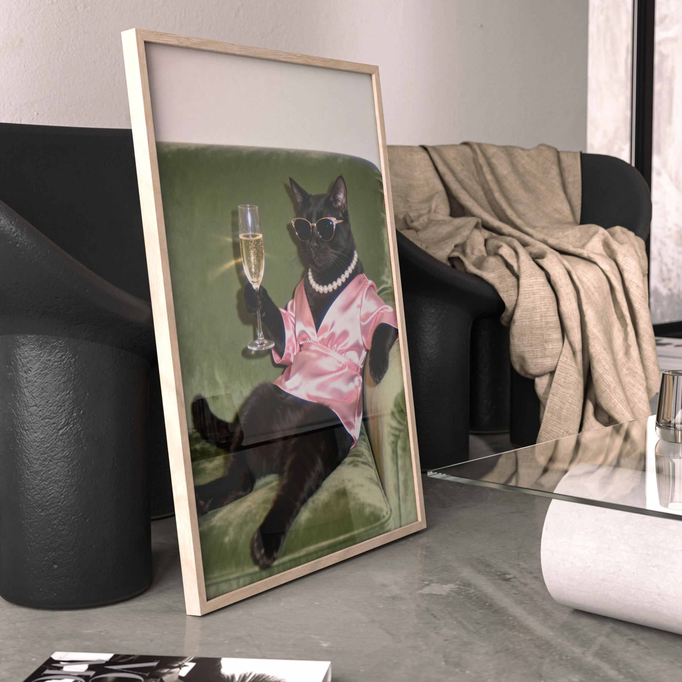 Framed artwork of a cat wearing sunglasses on a coffee table in a living room.