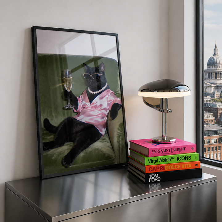 Framed artwork of a cat in a pink dress on a shelf with books and a lamp.