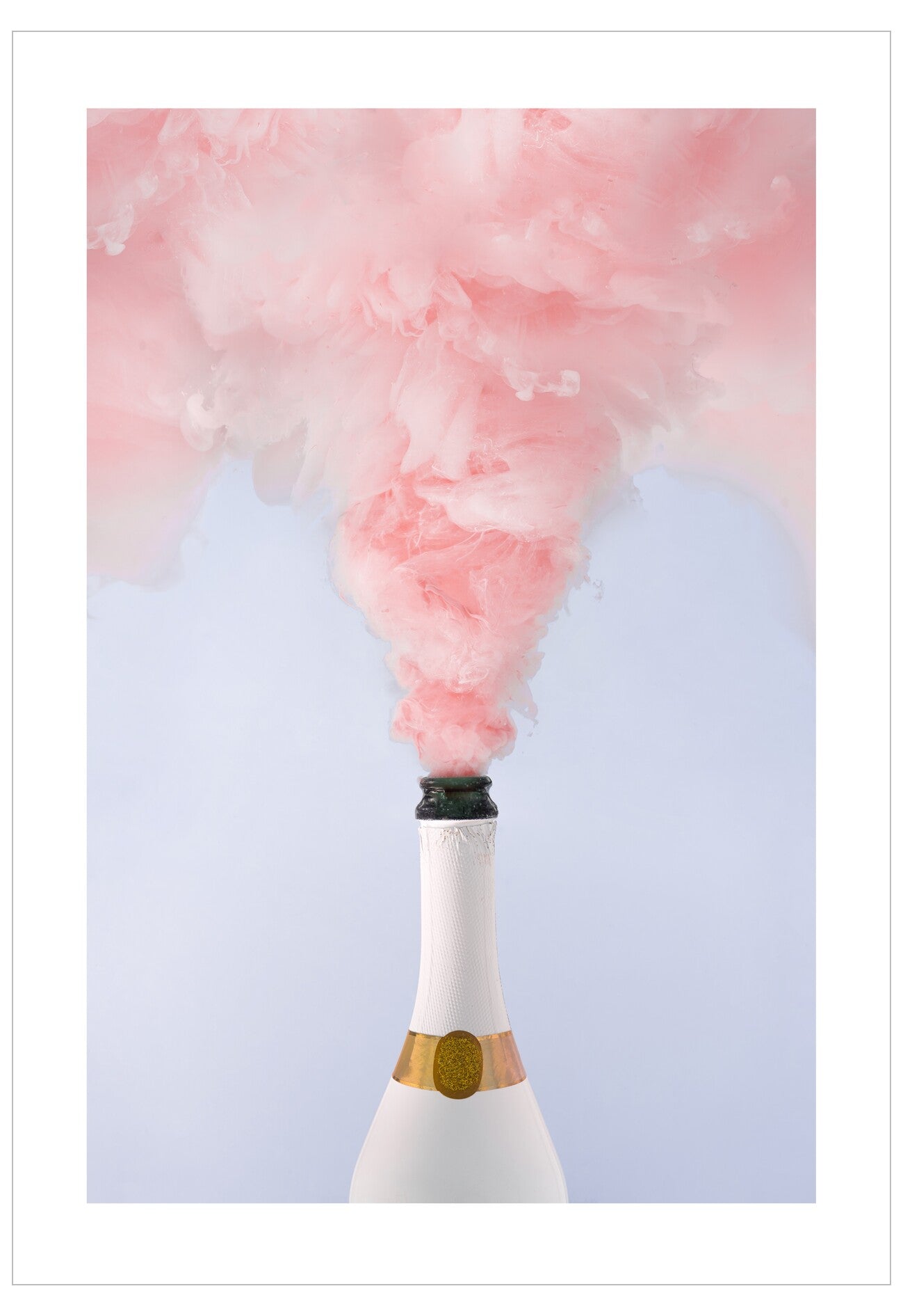 Champagne bottle with pink smoke against a light blue background