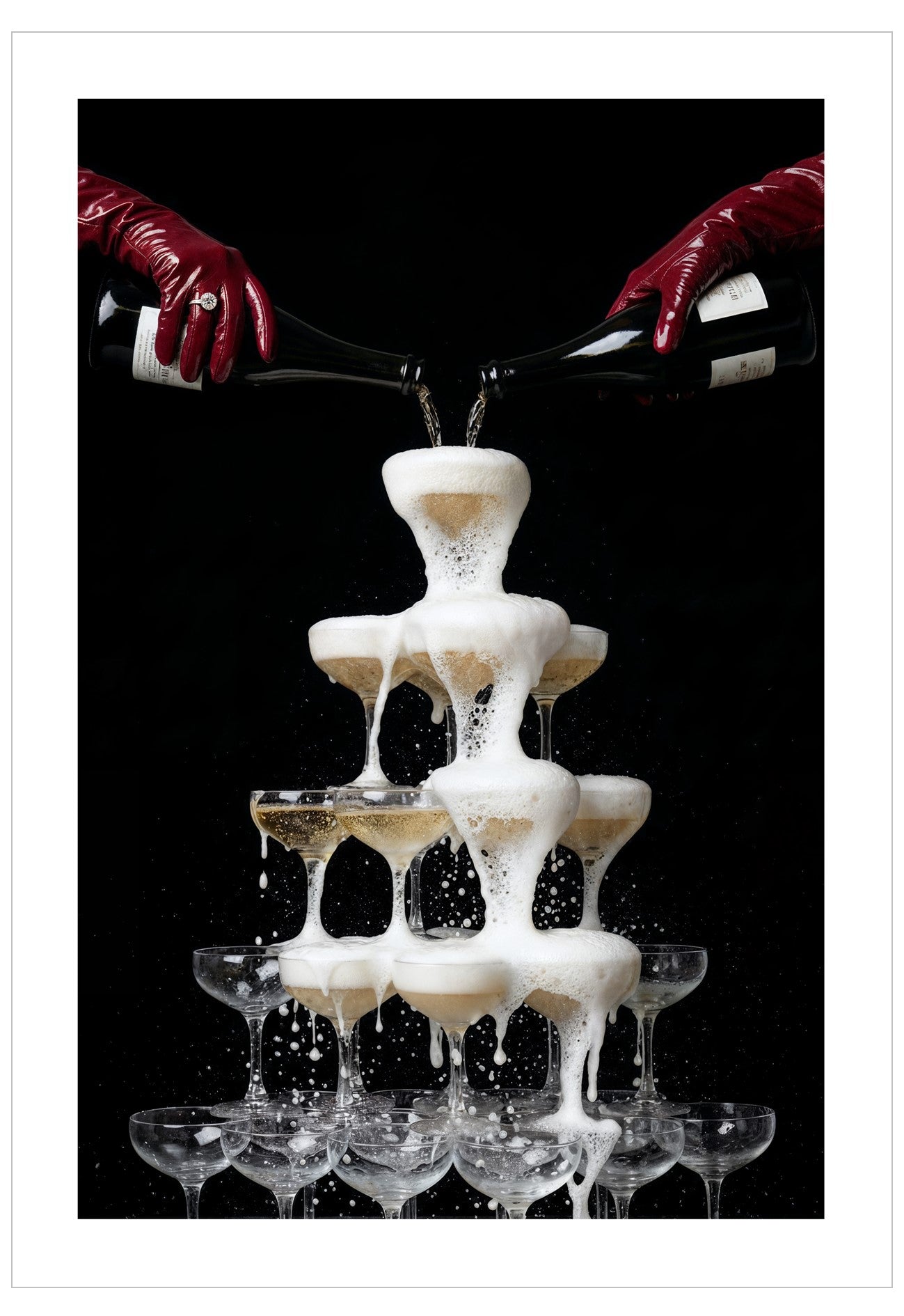 Champagne bottles being poured into a Champagne glass fountain with deep red gloves on a black background