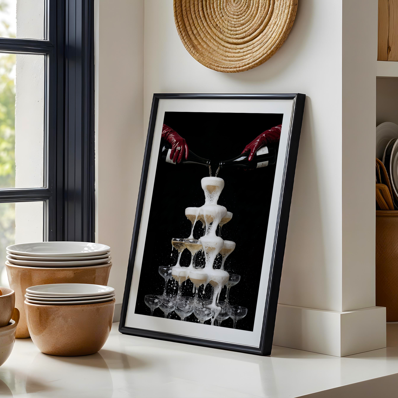 Framed artwork of a champagne pyramid on a shelf with kitchen items in the background