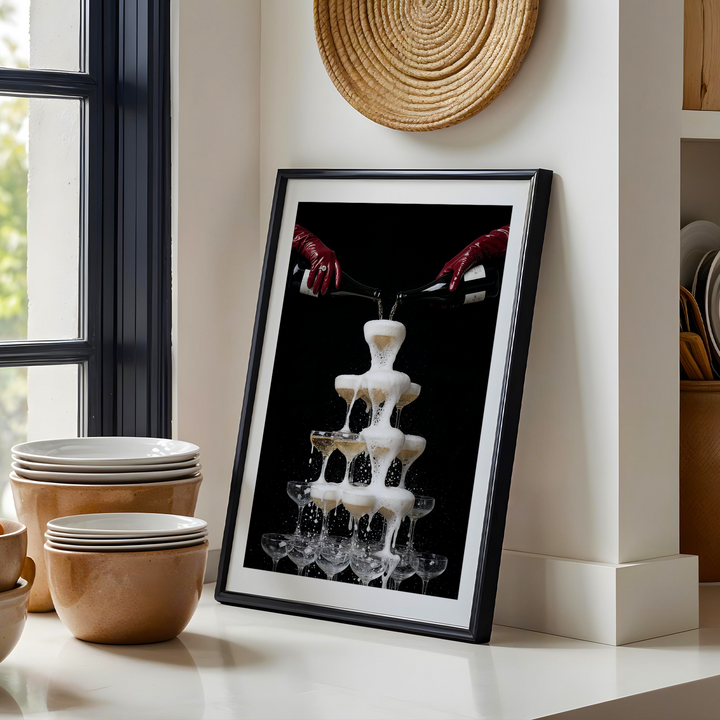 Framed artwork of a champagne pyramid on a shelf with kitchen items in the background