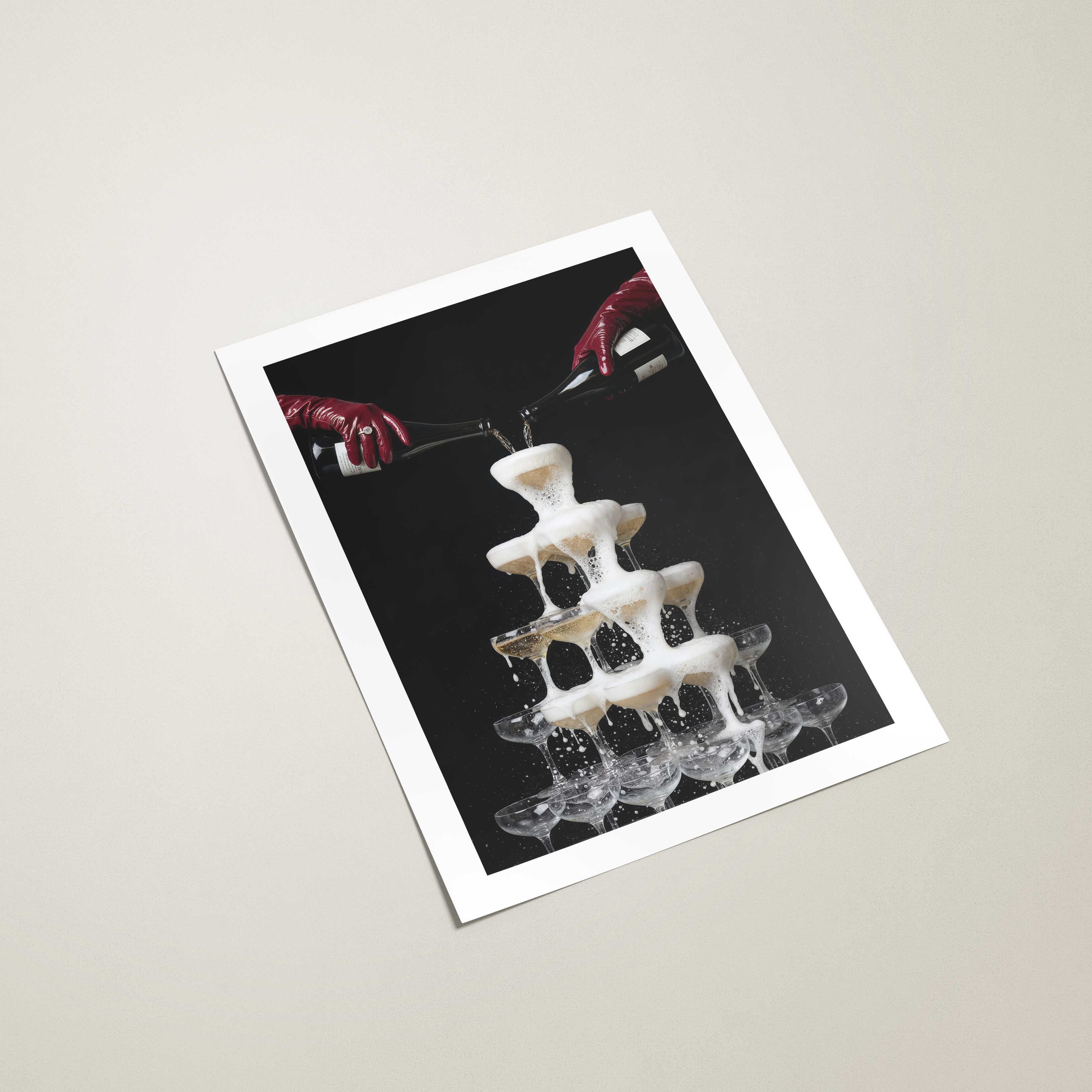 Champagne fountain poster on a black background with a white border