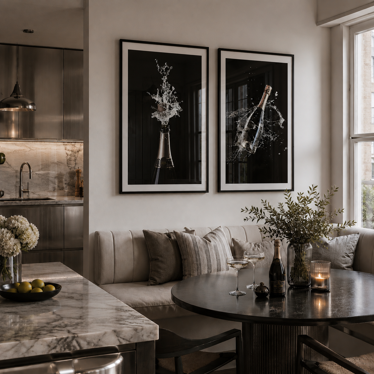 Modern kitchen and living room with marble countertops, framed art, and a cozy sofa.