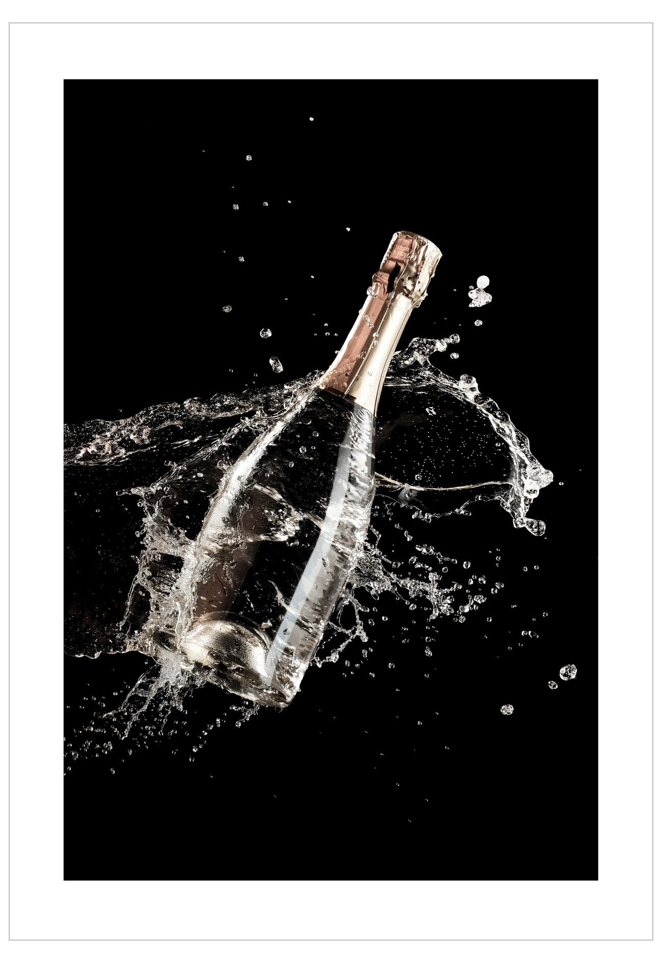 Champagne bottle with water splash on a black background